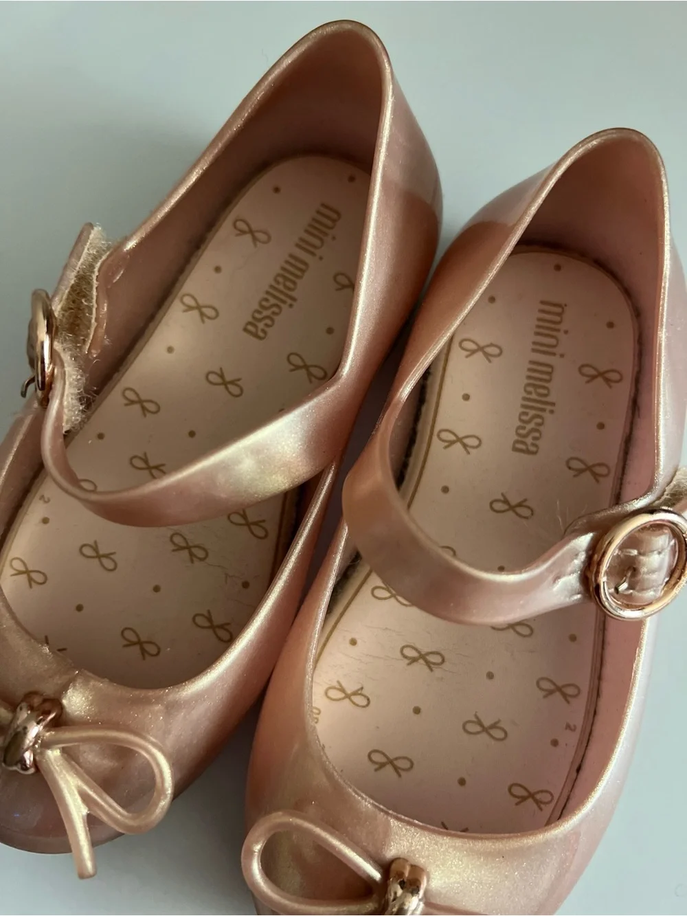 Mini Melissa Metallic Rose Gold Sweet Love Mary Jane Jelly Flats Bow 8